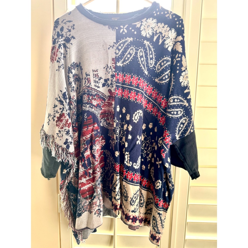 Free People XS/S Paisley Mixed Print Fringe Poncho Sweater Navy Burgundy Boho